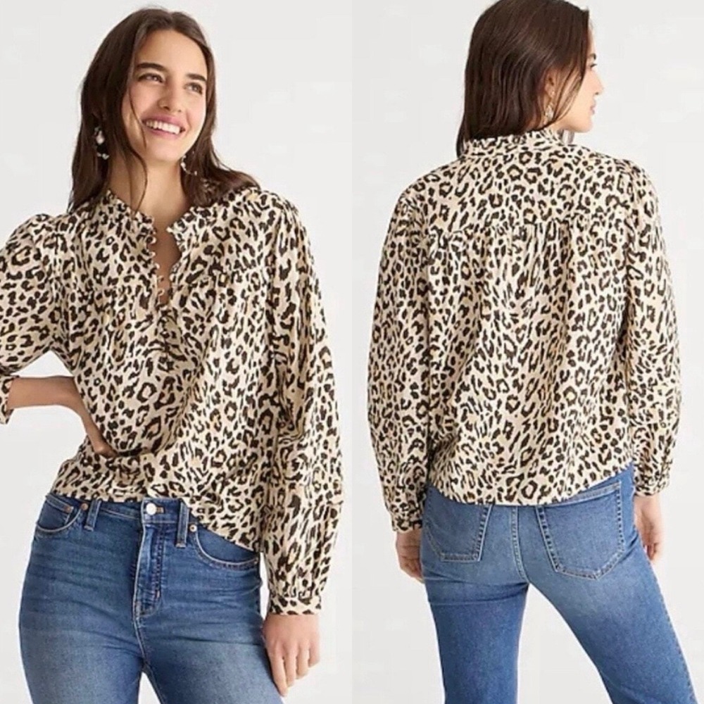 J. Crew Women's Small Brown Multicolor 100% Cotton Ruffle Neck Leopard Print Top